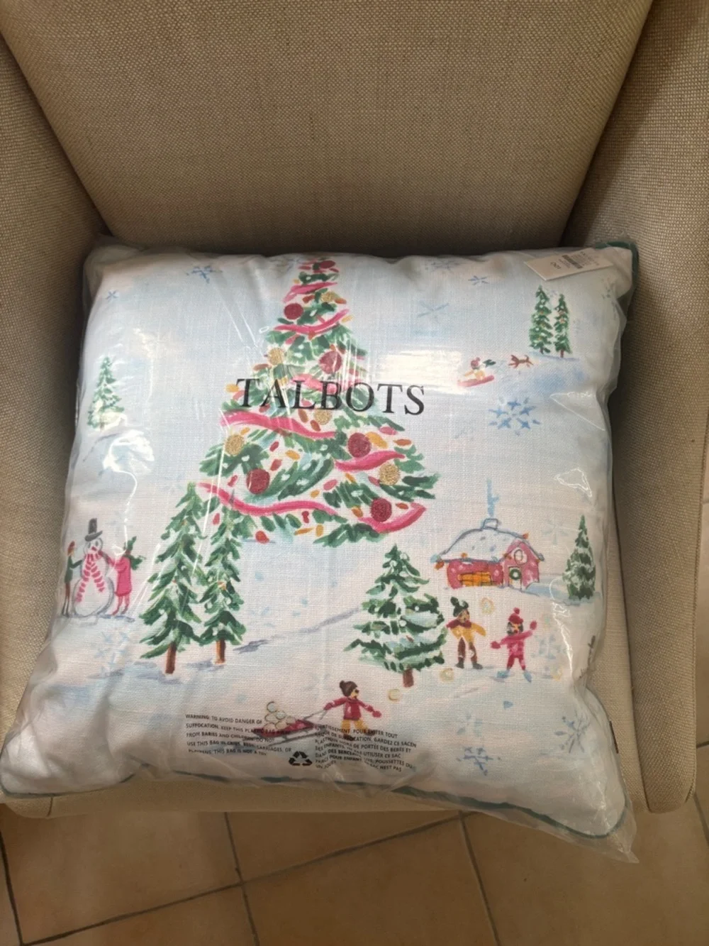 Talbots Light Blue Winter Tree Holiday Pillow with Festive Scene NWT 18”x18”